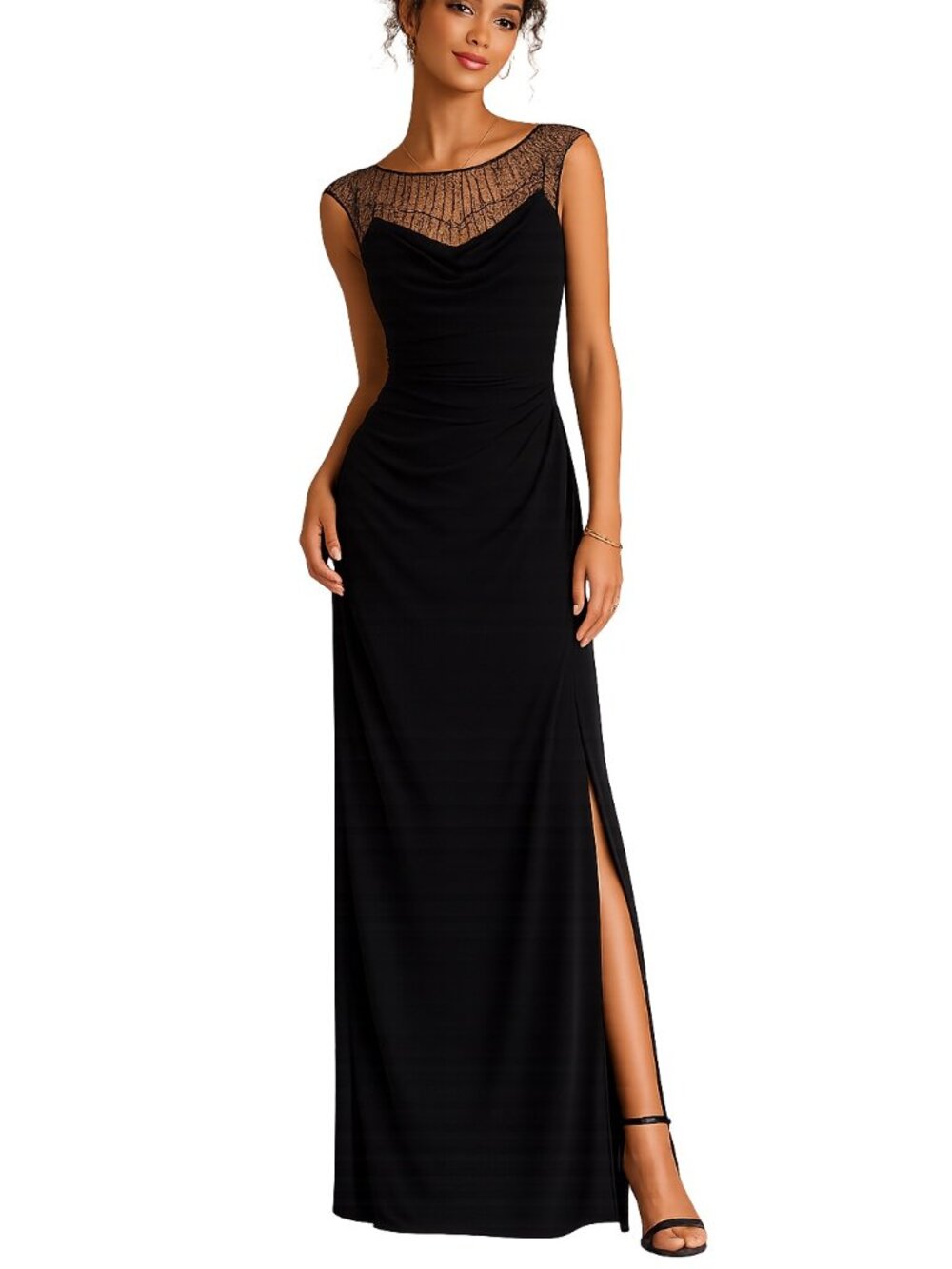 Xscape Long Evening Gown Formal Black Ruched Maxi Dress Scoop Beaded Lace Sz 10